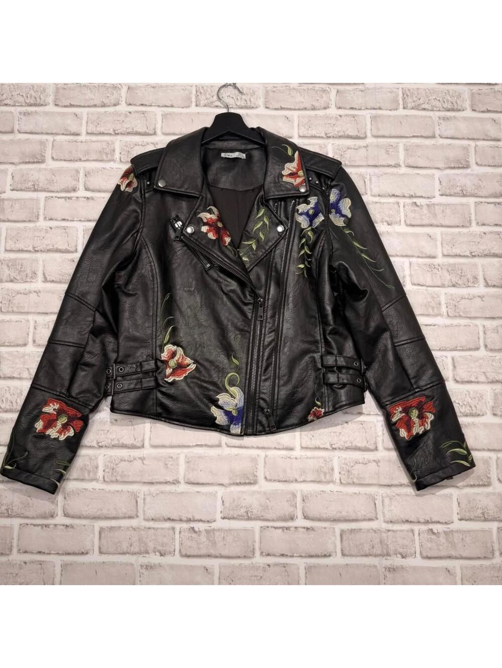 Dex Faux Leather Motorcycle Jacket Embroidered Women's L